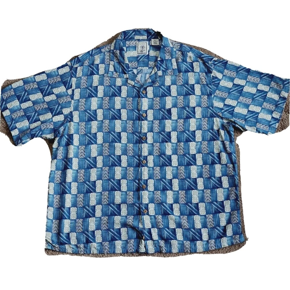 Roundtree & Yorke Sz XL Men's Rayon Short Sleeve Blue Button Up Camp Shirt